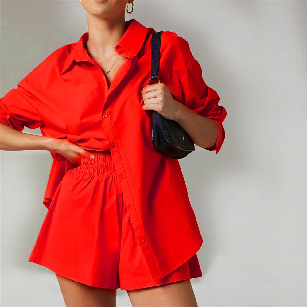 New Fashion Two-Piece Suit Orange Lavender Button Shirt Shorts Set - Image 15