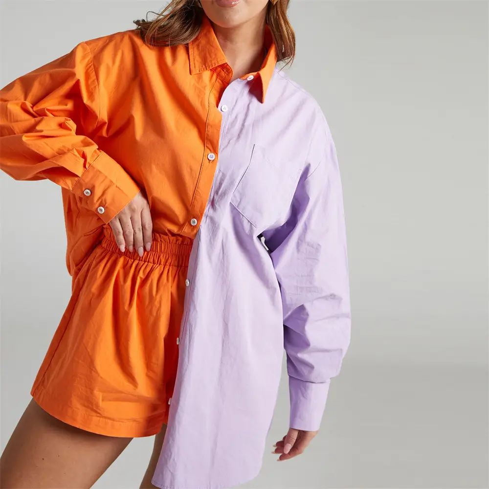 New Fashion Two-Piece Suit Orange Lavender Button Shirt Shorts Set - Image 16