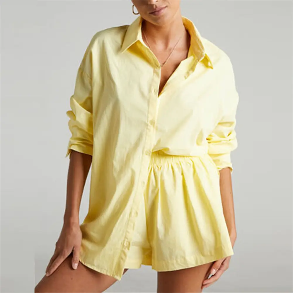 New Fashion Two-Piece Suit Orange Lavender Button Shirt Shorts Set — feature 11