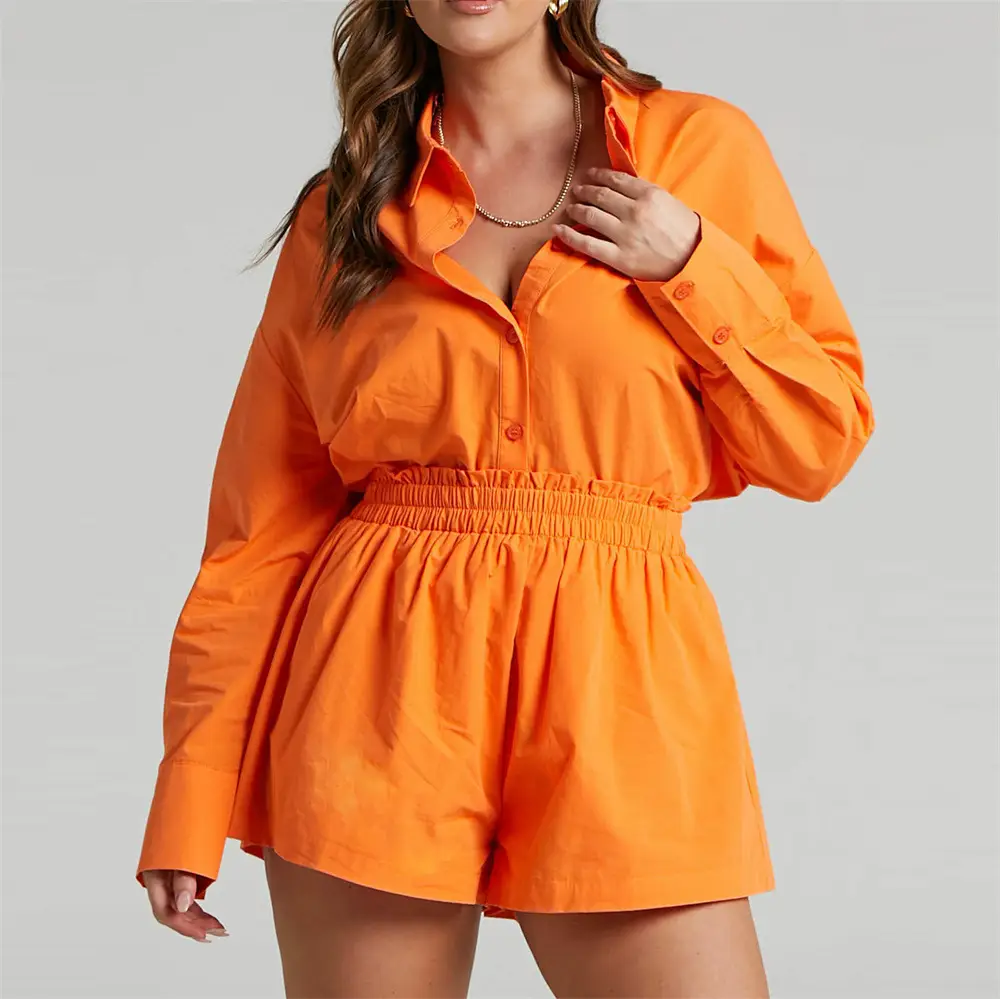 New Fashion Two-Piece Suit Orange Lavender Button Shirt Shorts Set — feature 14