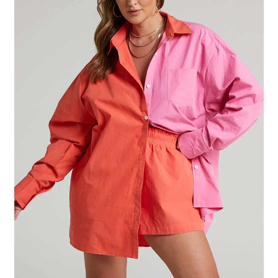 New Fashion Two-Piece Suit Orange Lavender Button Shirt Shorts Set — feature 16