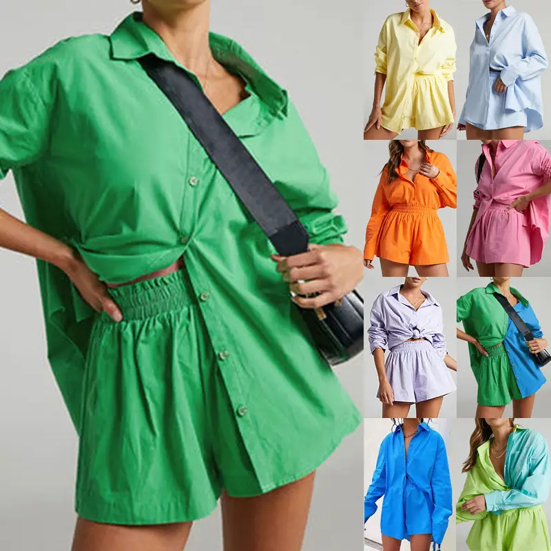 New Fashion Two-Piece Suit Orange Lavender Button Shirt Shorts Set — feature 2