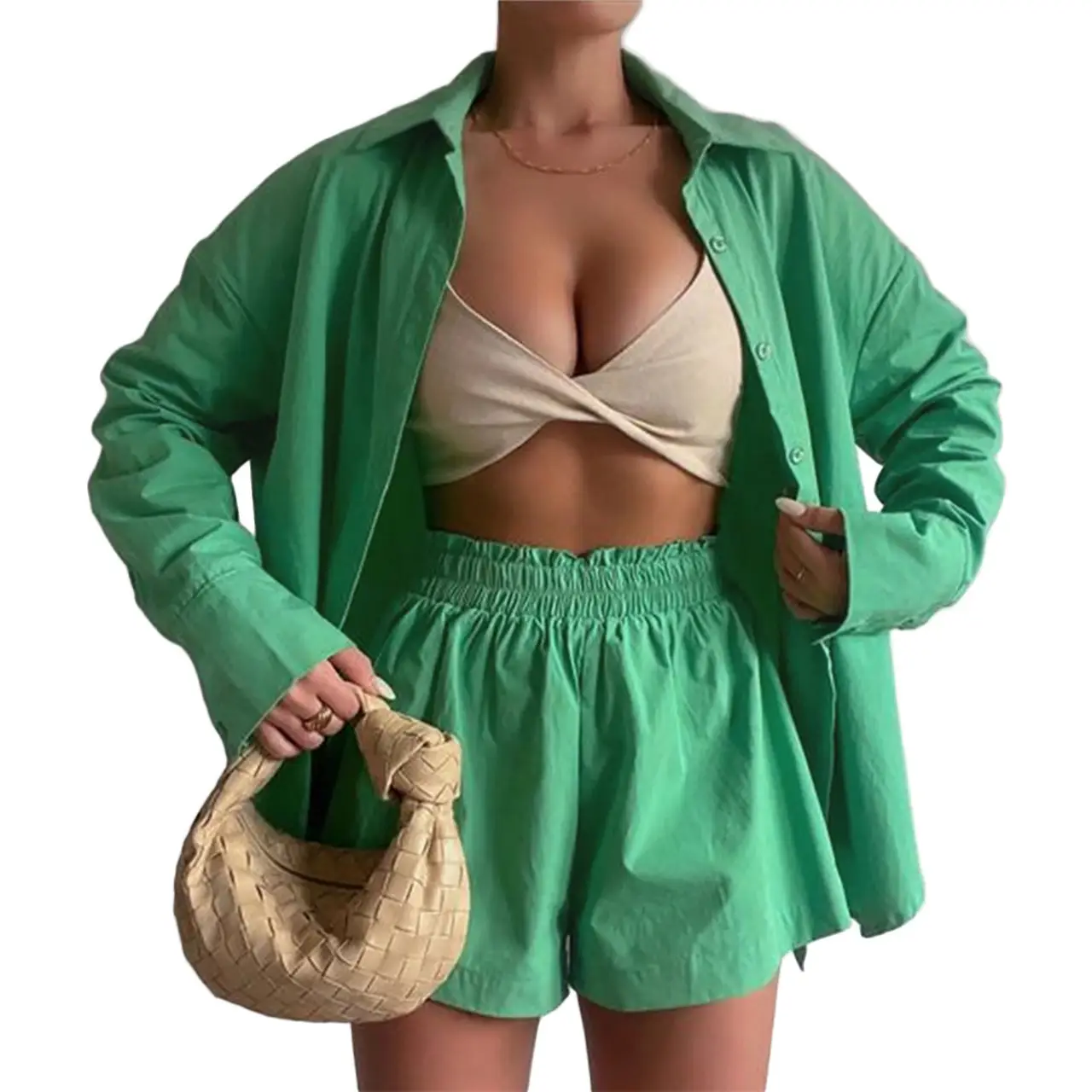 New Fashion Two-Piece Suit Orange Lavender Button Shirt Shorts Set — feature 3