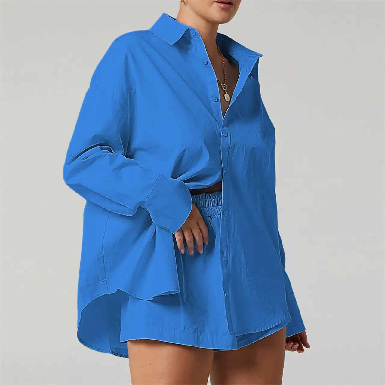 New Fashion Two-Piece Suit Orange Lavender Button Shirt Shorts Set — feature 6