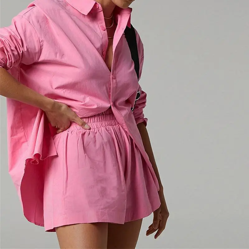 New Fashion Two-Piece Suit Orange Lavender Button Shirt Shorts Set — feature 9