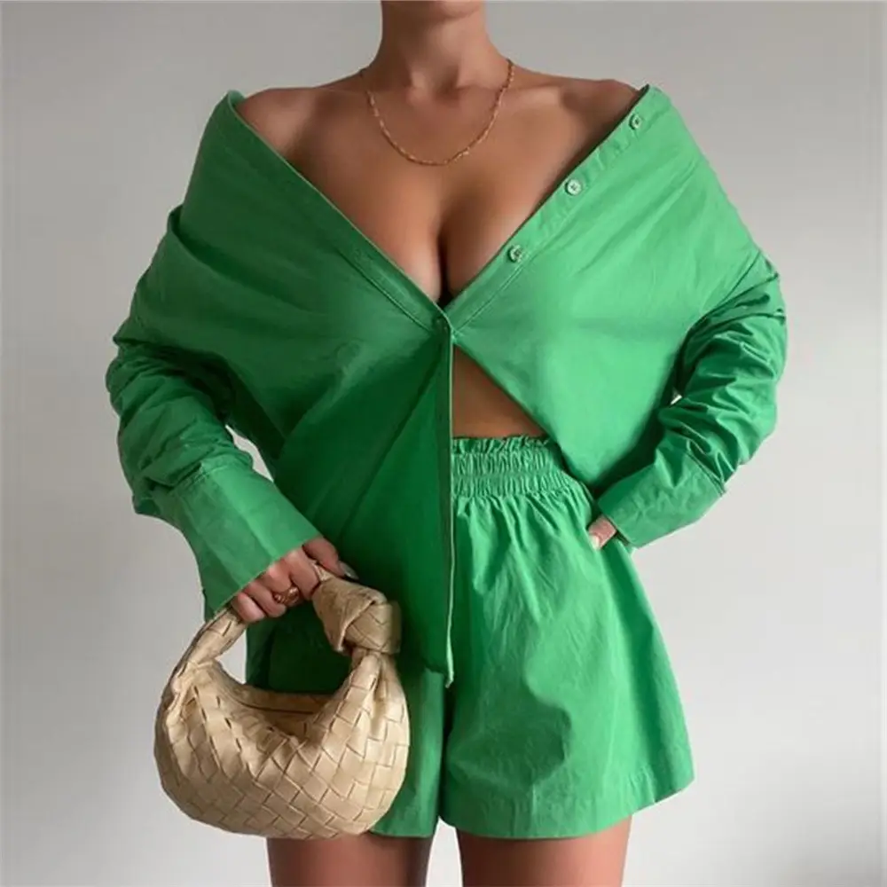 New Fashion Two-Piece Suit Orange Lavender Button Shirt Shorts Set - Image 2