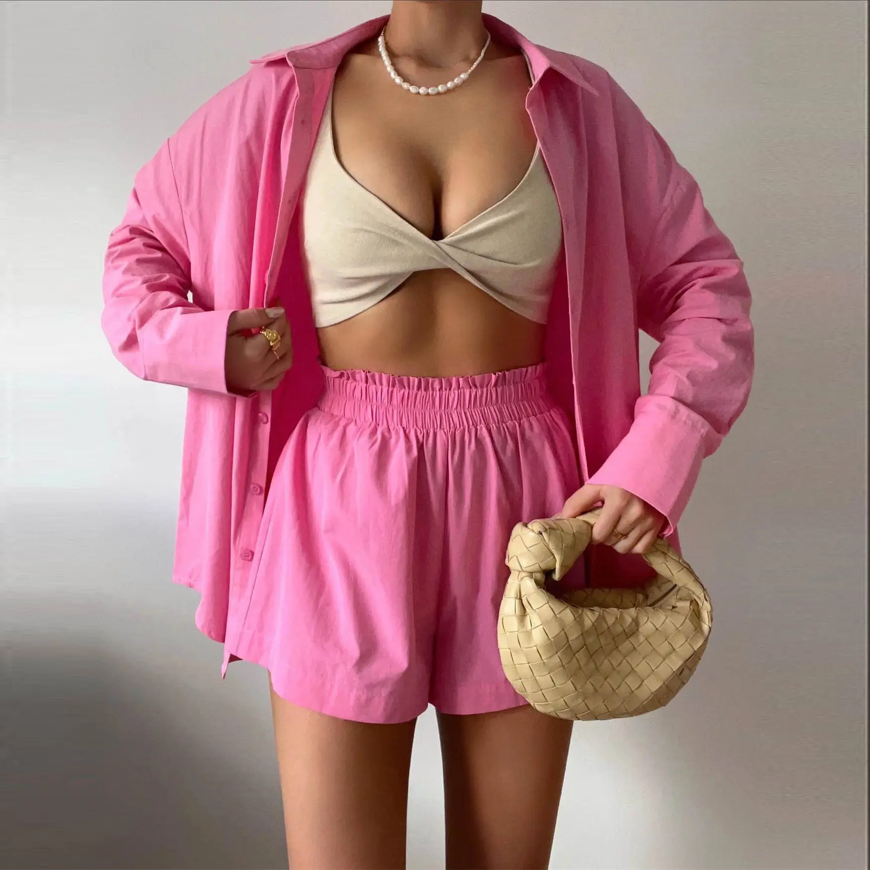 New Fashion Two-Piece Suit Orange Lavender Button Shirt Shorts Set - Image 4