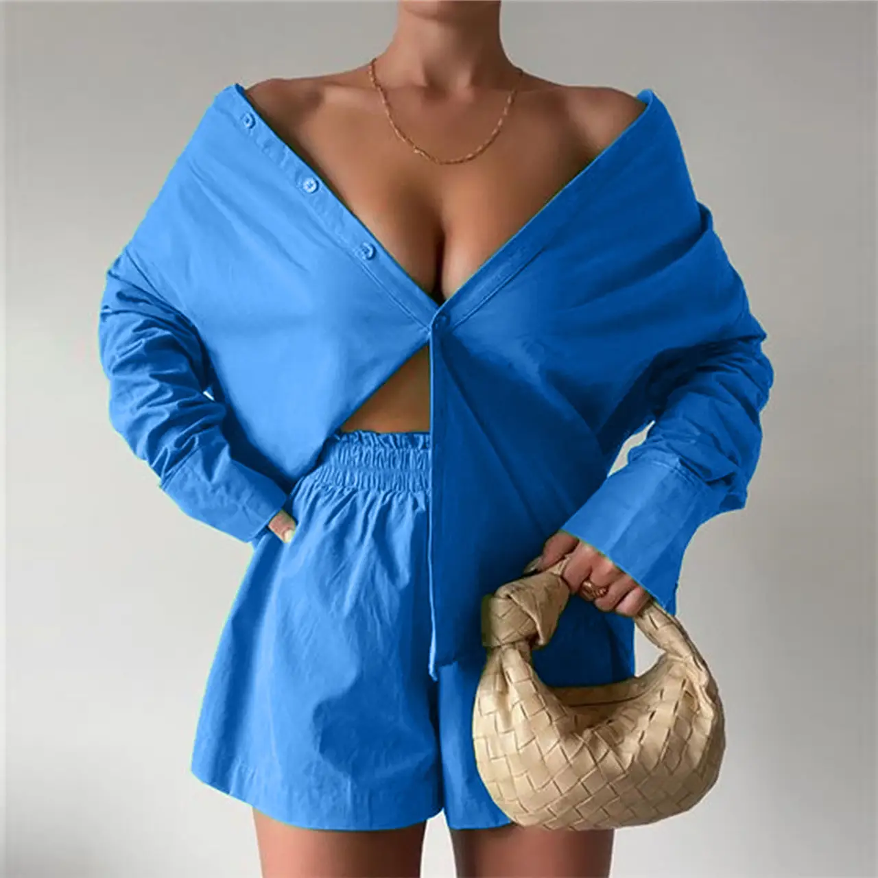 New Fashion Two-Piece Suit Orange Lavender Button Shirt Shorts Set - Image 7
