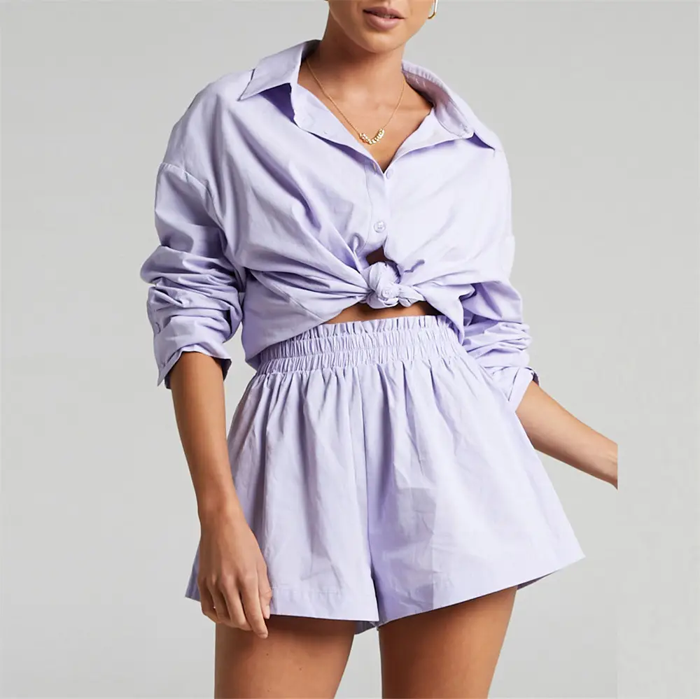 New Fashion Two-Piece Suit Orange Lavender Button Shirt Shorts Set - Image 8