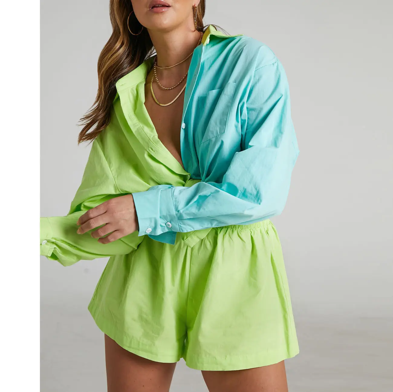 New Fashion Two-Piece Suit Orange Lavender Button Shirt Shorts Set - Image 9