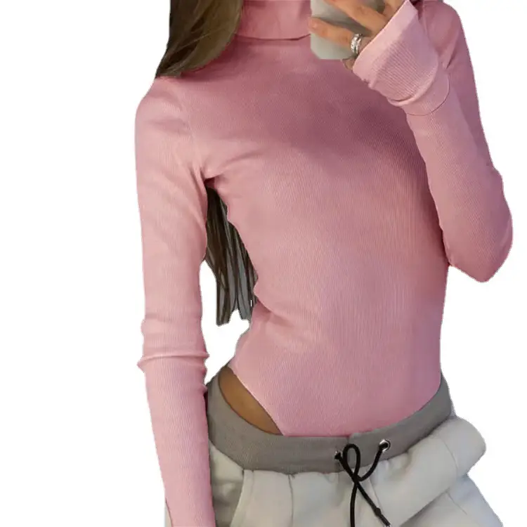 Women Knitted Turtleneck Shirt Long Sleeve Ribbed Green