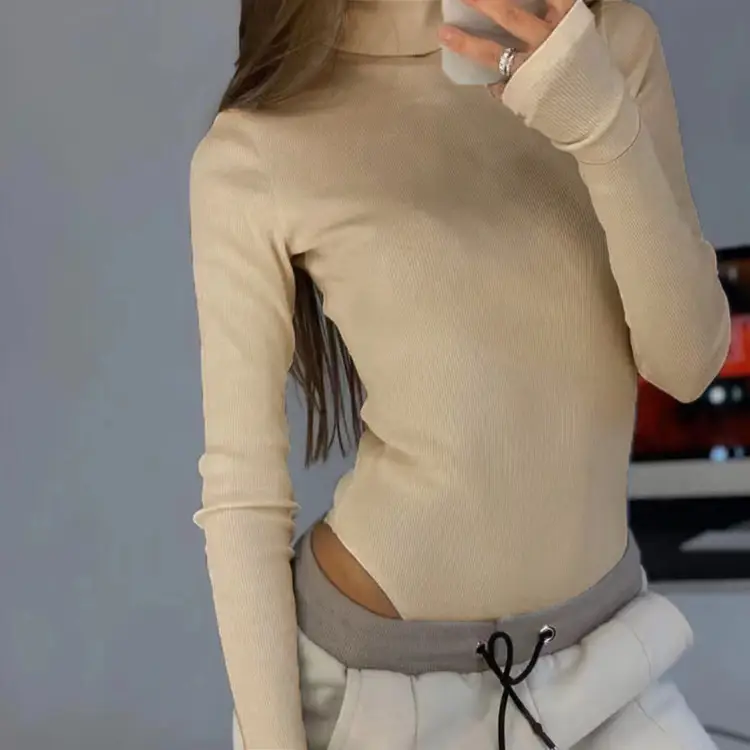 Women Knitted Turtleneck Shirt Long Sleeve Ribbed Green