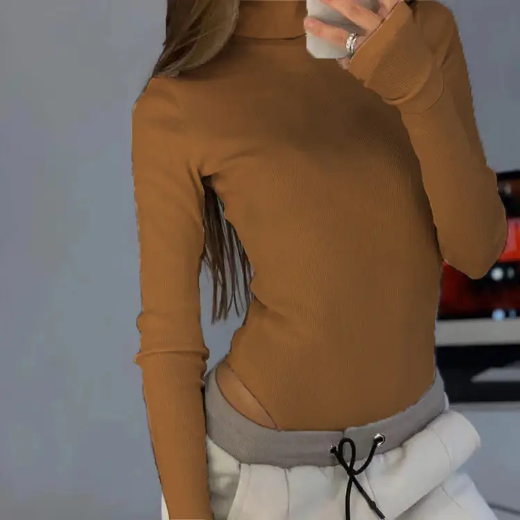 Women Knitted Turtleneck Shirt Long Sleeve Ribbed Green