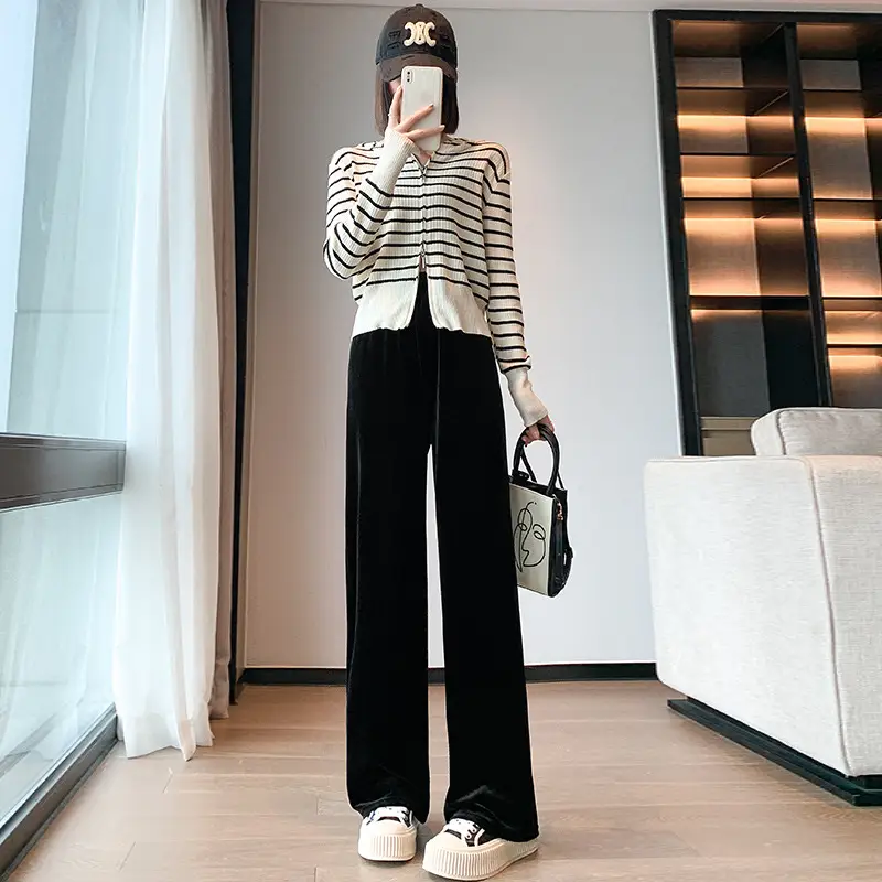 Women Velvet Wide Leg Pants Black High Waist 2025 - Image 8