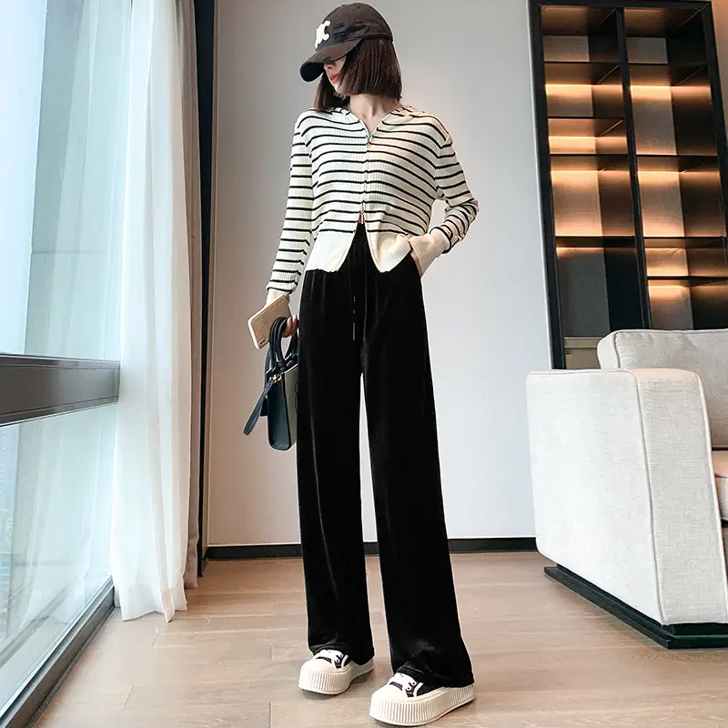 Women Velvet Wide Leg Pants Black High Waist 2025 - Image 9