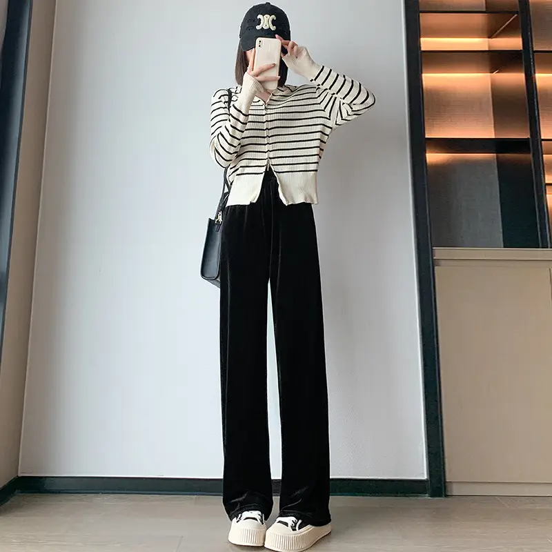 Women Velvet Wide Leg Pants Black High Waist 2025 - Image 10