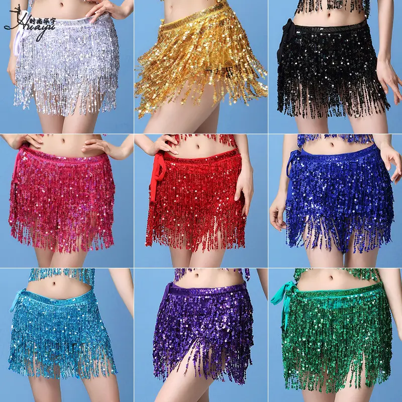 Black Sequined Belly Dance Waist Scarf 3 Layers - Image 19