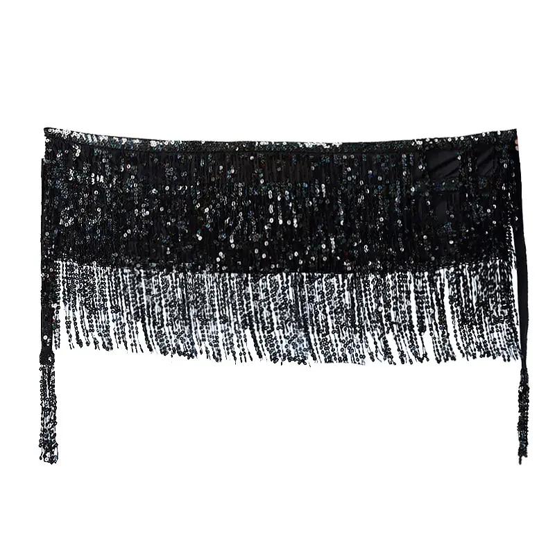 Black Sequined Belly Dance Waist Scarf 3 Layers - Image 23
