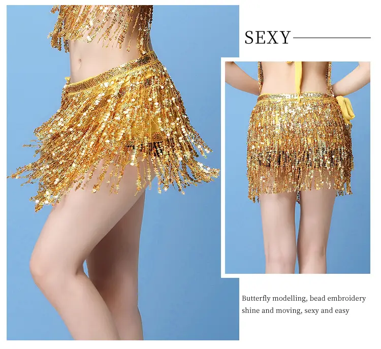 Black Sequined Belly Dance Waist Scarf 3 Layers — feature 13