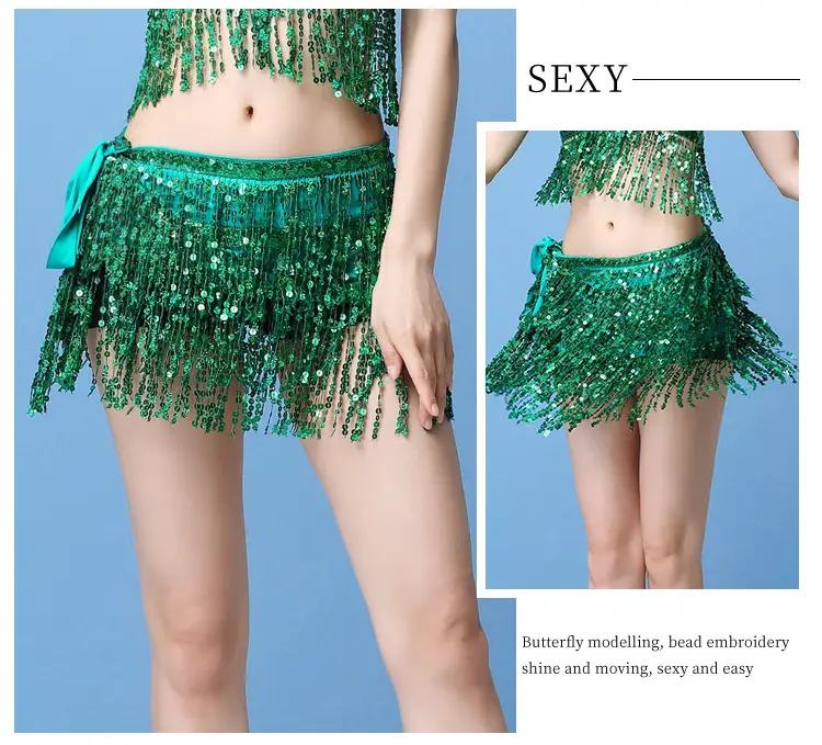 Black Sequined Belly Dance Waist Scarf 3 Layers — feature 17