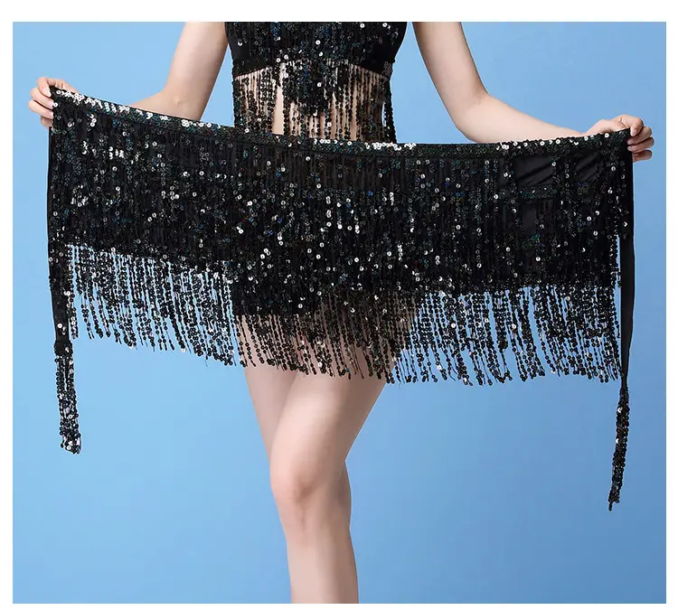 Black Sequined Belly Dance Waist Scarf 3 Layers — feature 8