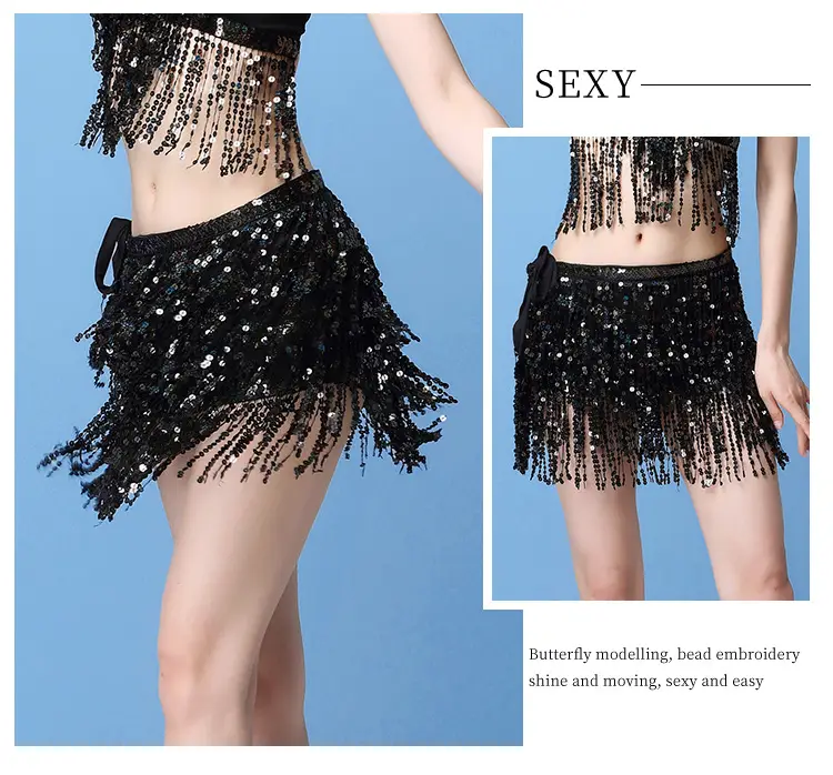 Black Sequined Belly Dance Waist Scarf 3 Layers — feature 9
