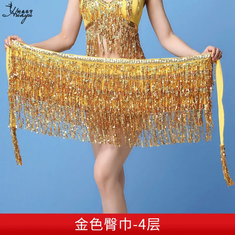 Black Sequined Belly Dance Waist Scarf 3 Layers - Image 14