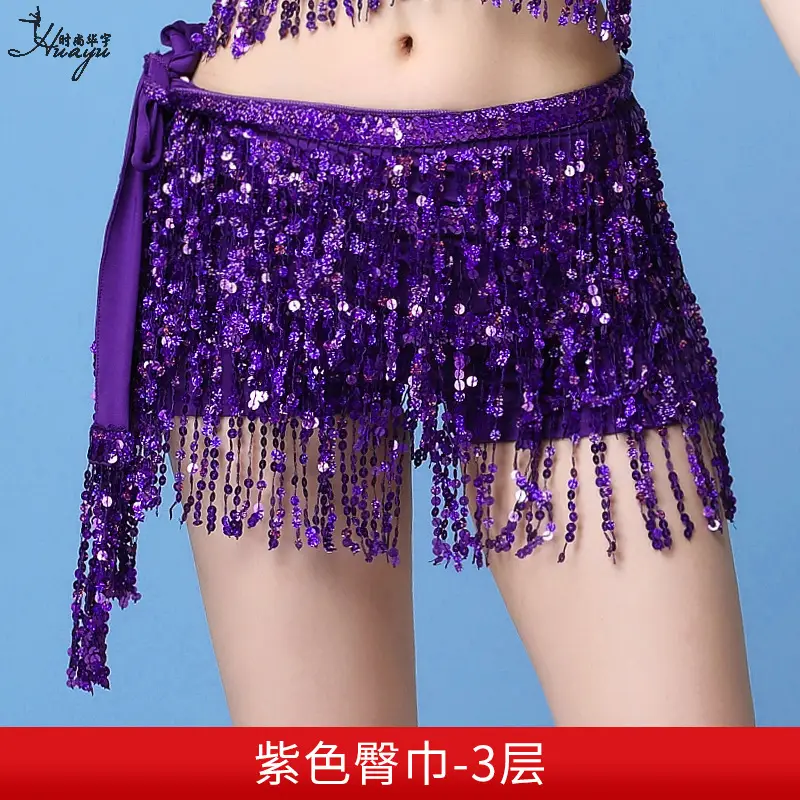 Black Sequined Belly Dance Waist Scarf 3 Layers - Image 15