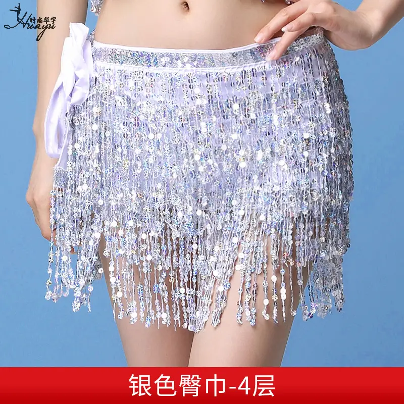 Black Sequined Belly Dance Waist Scarf 3 Layers - Image 2