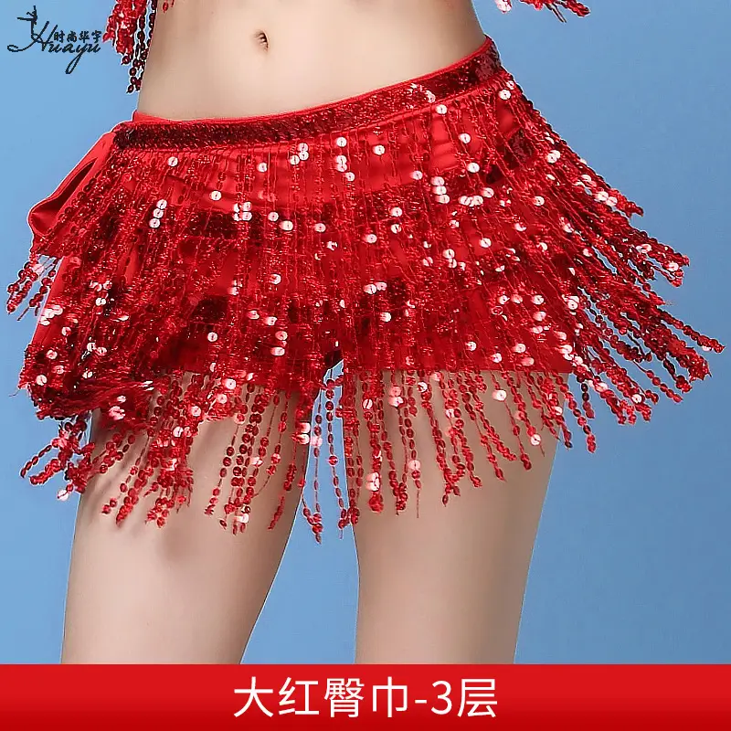 Black Sequined Belly Dance Waist Scarf 3 Layers - Image 3