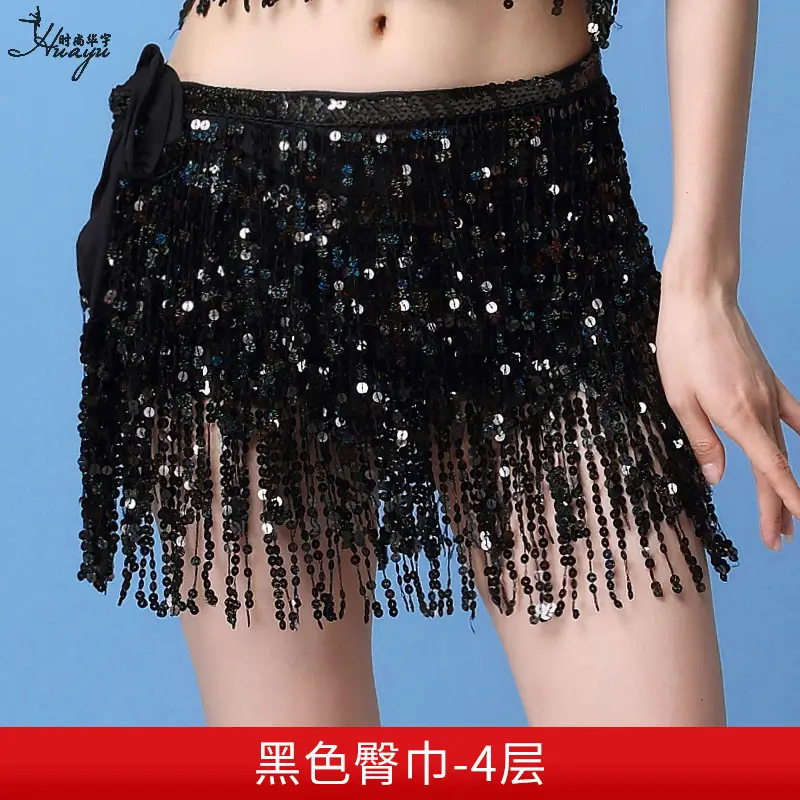 Black Sequined Belly Dance Waist Scarf 3 Layers - Image 6