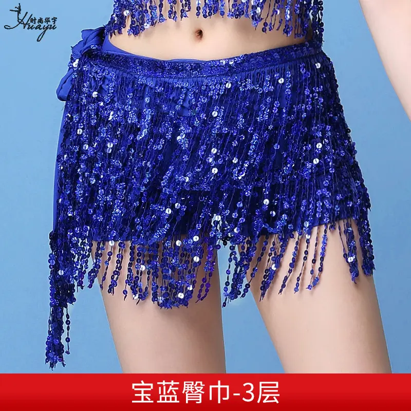 Black Sequined Belly Dance Waist Scarf 3 Layers - Image 7