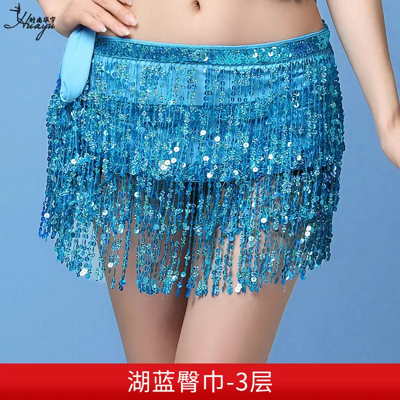Black Sequined Belly Dance Waist Scarf 3 Layers - Image 9