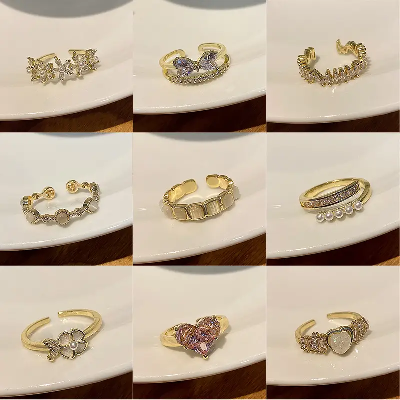 Korean Accessible Luxury Zircon Pearl Bow Rings Set