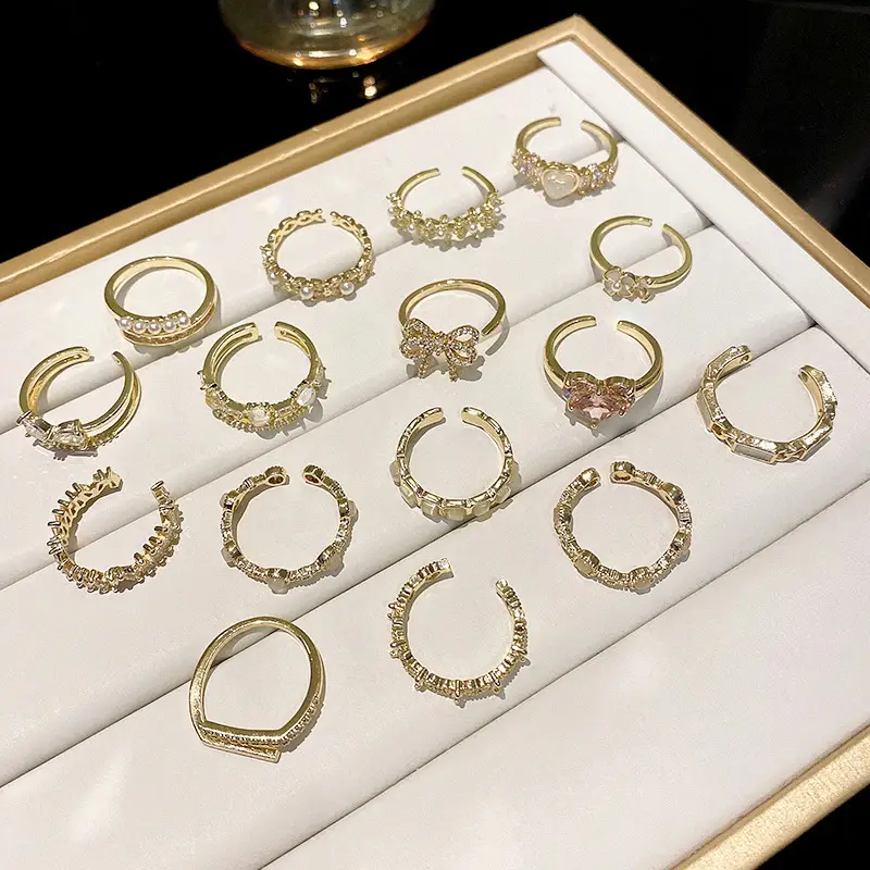 Korean Accessible Luxury Zircon Pearl Bow Rings Set
