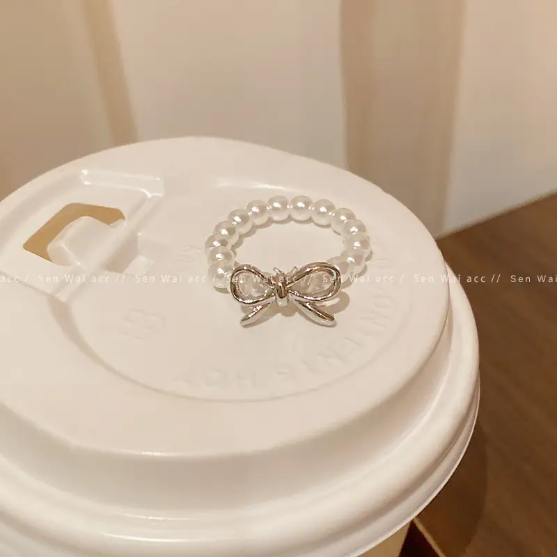 Korean Accessible Luxury Zircon Pearl Bow Rings Set