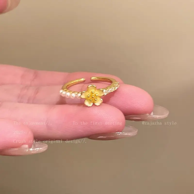 Korean Accessible Luxury Zircon Pearl Bow Rings Set