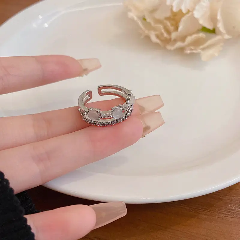 Korean Accessible Luxury Zircon Pearl Bow Rings Set