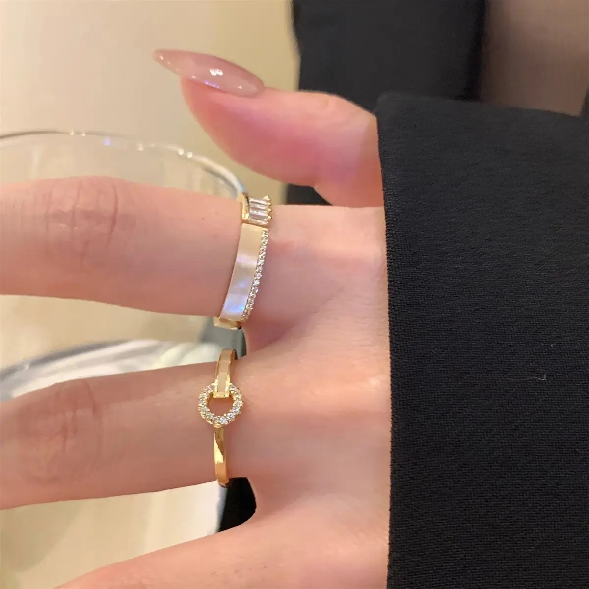 Korean Accessible Luxury Zircon Pearl Bow Rings Set