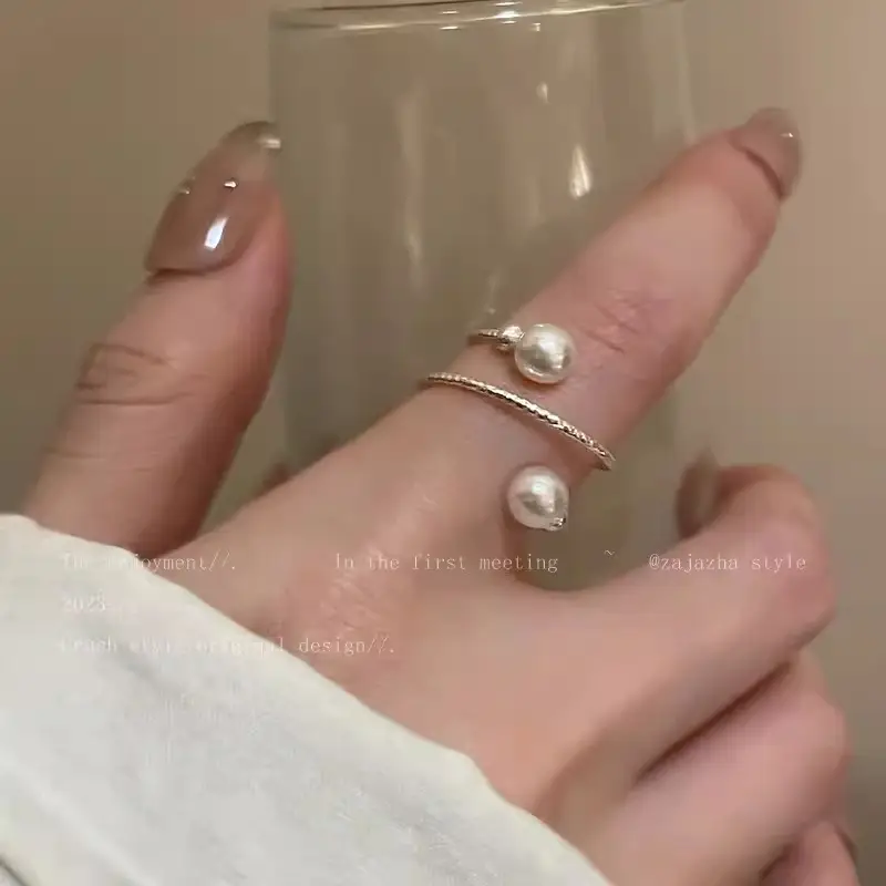Korean Accessible Luxury Zircon Pearl Bow Rings Set