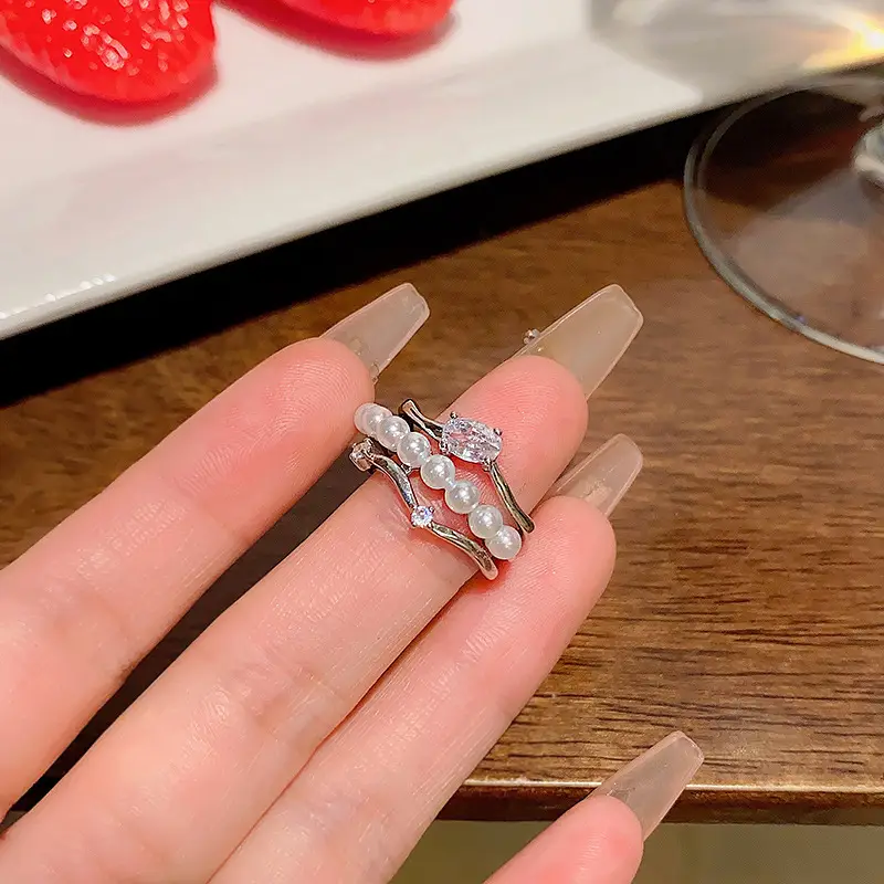 Korean Accessible Luxury Zircon Pearl Bow Rings Set