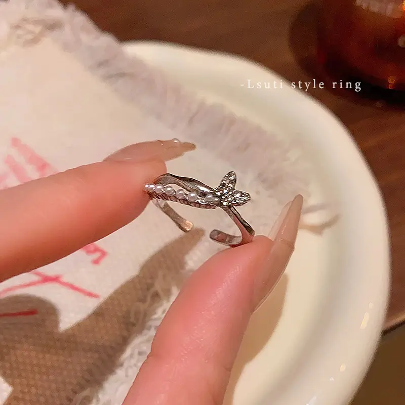 Korean Accessible Luxury Zircon Pearl Bow Rings Set
