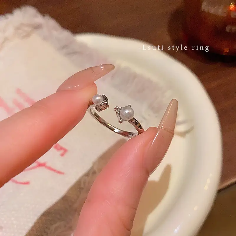 Korean Accessible Luxury Zircon Pearl Bow Rings Set