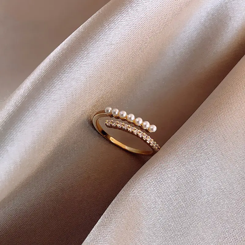 Korean Accessible Luxury Zircon Pearl Bow Rings Set