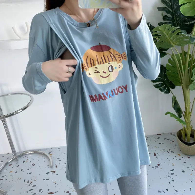 Maternity Nursing Top Long Sleeve Cartoon Print Pink - Image 4