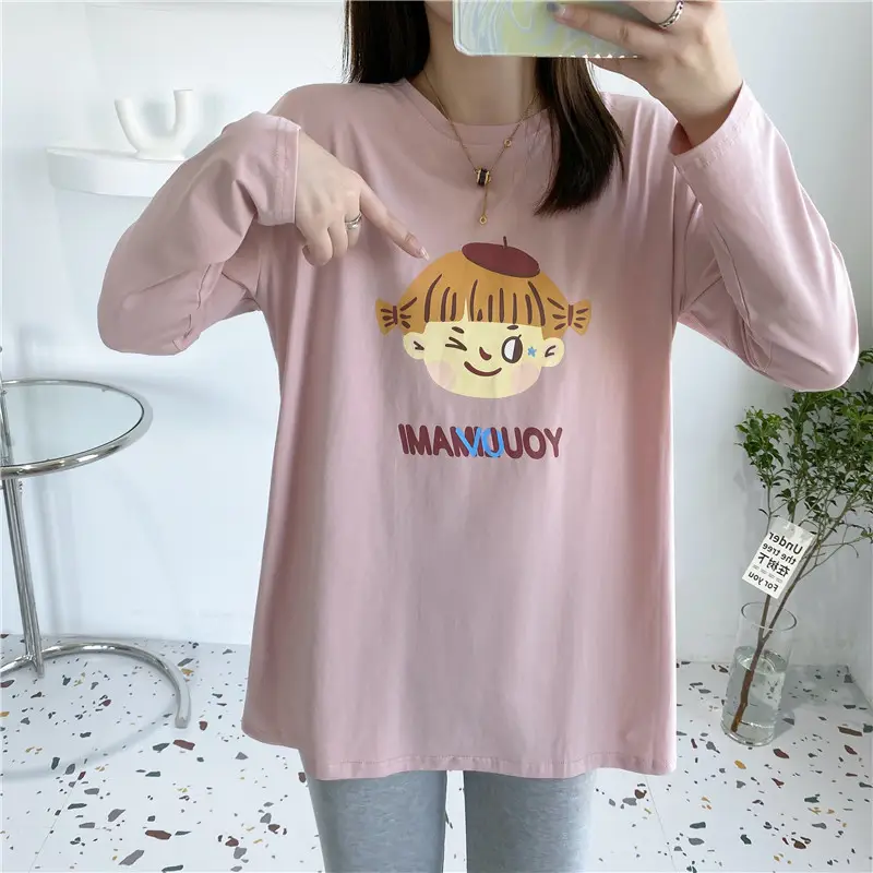 Maternity Nursing Top Long Sleeve Cartoon Print Pink - Image 6