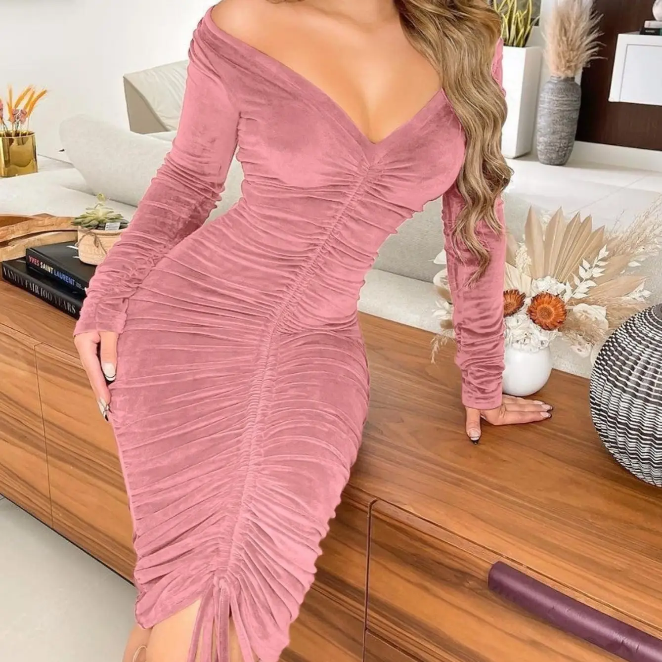 Ttdd002 Women's Cross-Border Pleated Dress Brown - Image 3