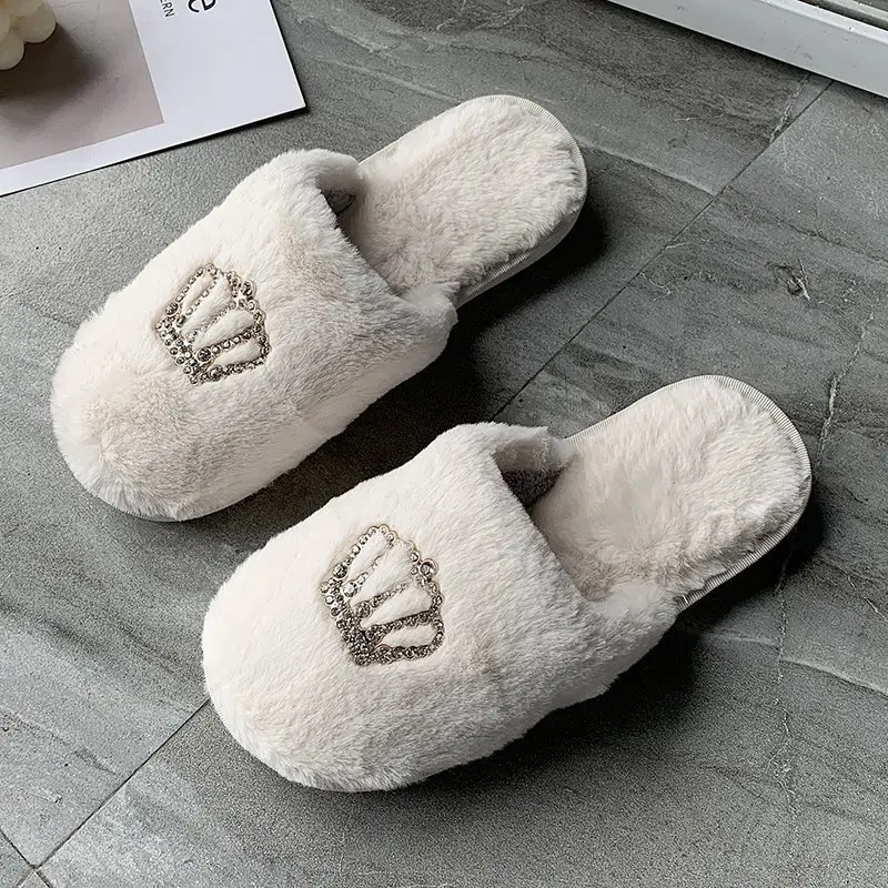 Autumn and Winter New Plush Slippers Women's Flat Crown Baotou Cotton Slippers Casual Warm Soft Sole Home Shoes