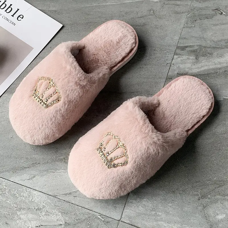 Autumn and Winter New Plush Slippers Women's Flat Crown Baotou Cotton Slippers Casual Warm Soft Sole Home Shoes