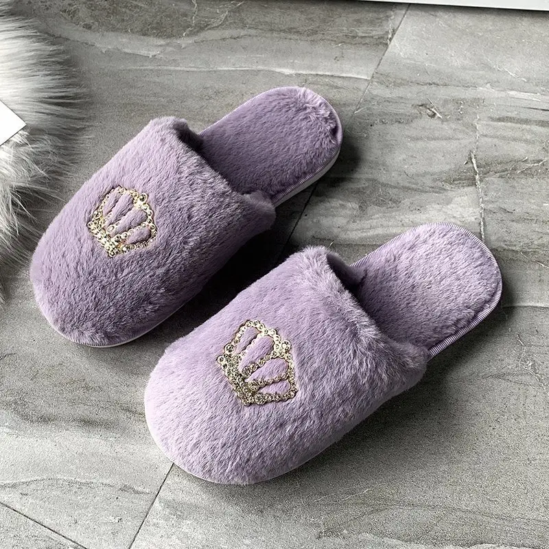 Autumn and Winter New Plush Slippers Women's Flat Crown Baotou Cotton Slippers Casual Warm Soft Sole Home Shoes